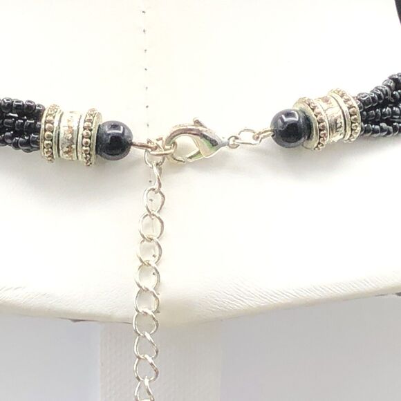 Black Oval Pendant Necklace Multi Strand Glass Seed Beads Antiqued Silver Tone - Picture 4 of 8